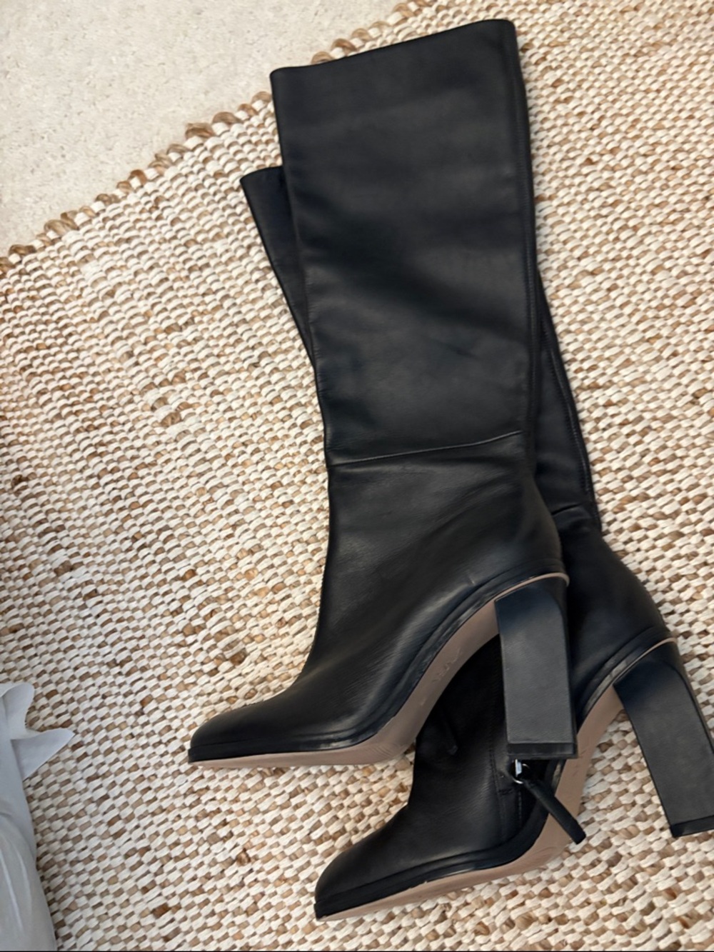 Zara Black Leather Knee-High Block Heel Boots - Picture 3 of 4